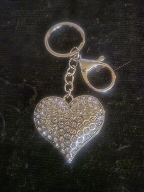 Crystal Heart Keychain - Bag Purse Charm Silver Rhinestone Heart Bling